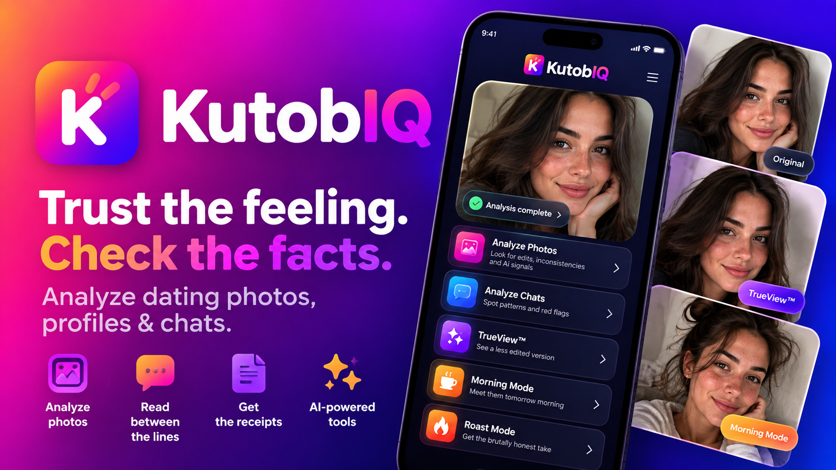 KutobIQ mobile app showing photo, profile and chat analysis tools